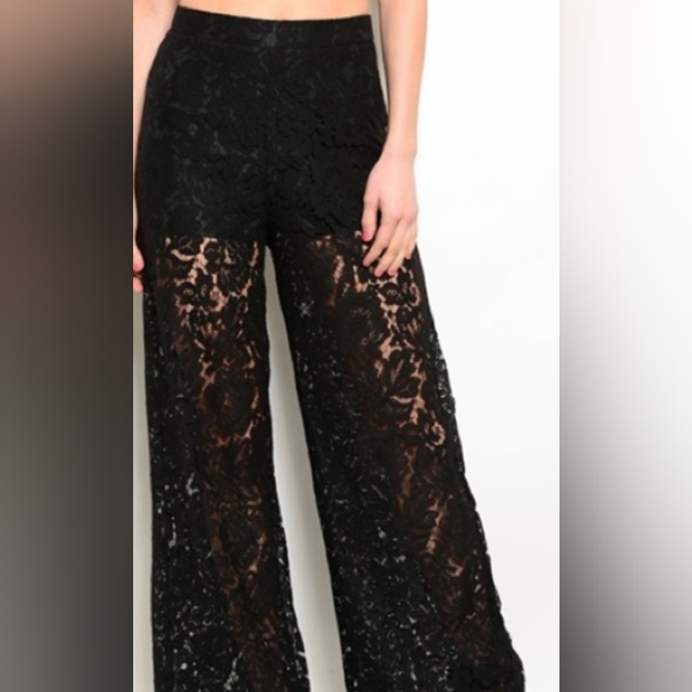 Mustard Seed Black Lace High-Waist Wide Leg Pants